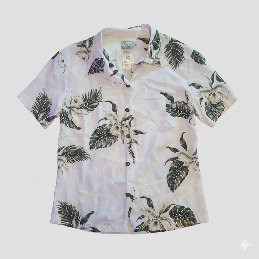 Vintage Tropical Group Womens Large Button Up Blouse Aloha Hawaii Rayon